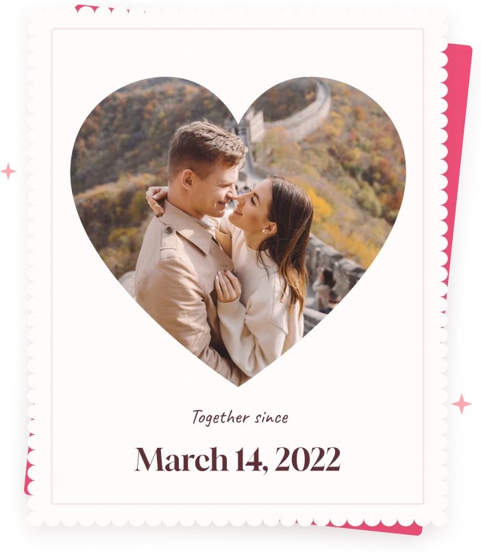 A heart-shaped photo of Ivy and Theo. Together since March 14, 2022.